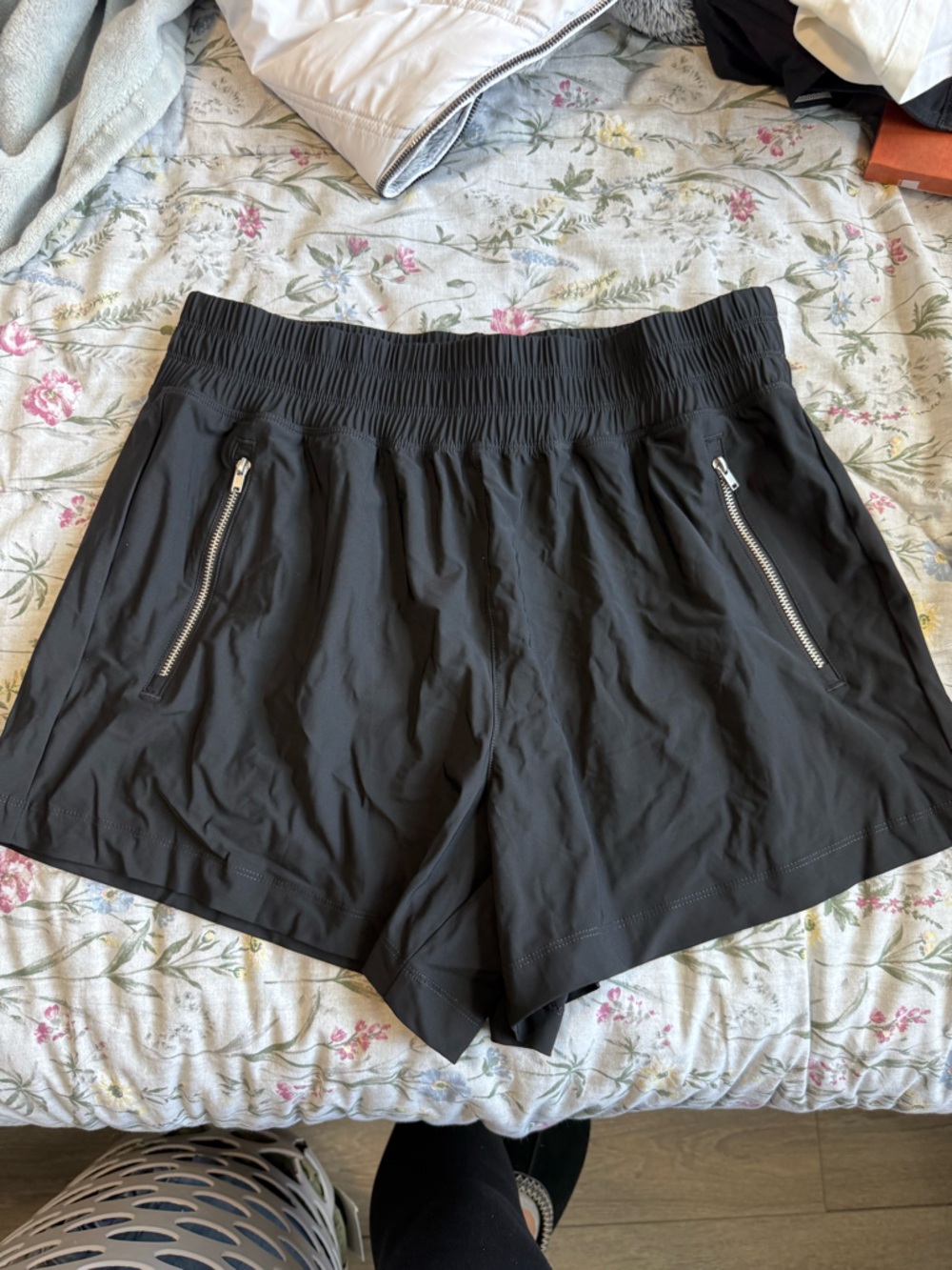 Black Elastic Waist Athletic Shorts with Zip Pockets